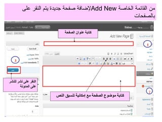 1 3 كتابة موضوع الصفحة مع إمكانية تنسيق النص كتابة عنوان الصفحة النقر على نشر للنشر على المدونة لإضافة صفحة جديدة يتم النقر على  Add New   من القائمة الخاصة بالصفحات 2 
