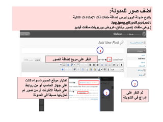 أضف   صور للمدونة : تتيح مدونة الووردبرس إضافة ملفات ذات الامتدادات التالية : Jpg,jpeg,gif,pdf,ppt,odt وهي ملفات  ( صور،وثائق،عروض بوربوينت،ملفات فيديو ). النقر على مربع إضافة الصور اختيار موقع الصورة سواء كانت على جهاز الحاسب أو من روابط على شبكة الانترنت أو من صور تم تخزينها مسبقاً في المدونة 1 2 3 ثم النقر على إدراج في التدوينة 
