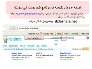 إضافة عروض تقديمية من برنامج البوربوينت إلى مدونتك من خلال موقع  www.slideshare.net التسجيل في الموقع 1 يتيح موقع  www.slideshare.net   عرض البوربوينت داخل المدونة بشكل عرض شرائح  والانتقال من شريحة إلى آخرى  . 