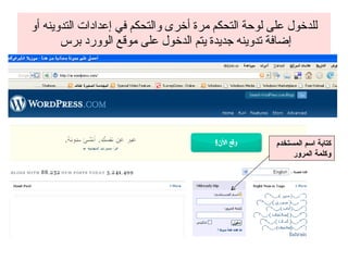 للدخول على لوحة التحكم مرة أخرى والتحكم في إعدادات التدوينه أو إضافة تدوينه جديدة يتم الدخول على موقع الوورد برس  كتابة اسم المستخدم وكلمة المرور 
