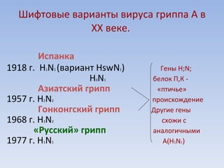 Шифтовые варианты вируса гриппа А в  XX  веке.  Испанка 1918 г.  Н 1 N 1  (вариант  HswN 1 )   Гены Н; N ; H 0 N 1   белок П,К - Азиатский грипп   «птичье»  1957 г.   Н 2 N 2   происхождение Гонконгский грипп   Другие гены 1968 г. Н 3 N 2  схожи с  «Русский» грипп   аналогичными 1977 г. Н 1 N 1   А(Н 1 N 1 ) 