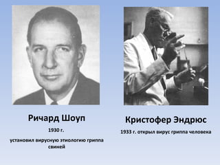 Ричард Шоуп 1930 г.  установил вирусную этиологию гриппа свиней Кристофер Эндрюс 1933 г. открыл вирус гриппа человека 