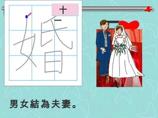 男女結為夫妻。 ㄏㄨㄣ 女   部  首 十 一 