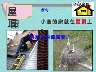 例句： 小鳥的家就在 屋頂 上 。 屋 頂 屋  頂 房屋上的遮蓋物。 