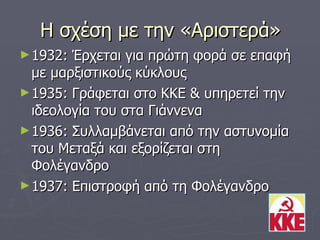 Η σχέση με την «Αριστερά» 1932: Έρχεται για πρώτη φορά σε επαφή με μαρξιστικούς κύκλους 1935: Γράφεται στο ΚΚΕ & υπηρετεί την ιδεολογία του στα Γιάννενα 1936: Συλλαμβάνεται από την αστυνομία του Μεταξά και εξορίζεται στη Φολέγανδρο 1937: Επιστροφή από τη Φολέγανδρο 