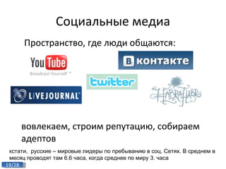 Социальные медиа Пространство, где люди общаются: Что делаем:  вовлекаем, строим репутацию, собираем адептов кстати,  русские – мировые лидеры по пребыванию в соц. Сетях. В среднем в месяц проводят там 6.6 часа, когда среднее по миру 3. часа 