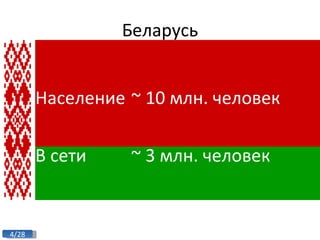 Беларусь Население  ~ 10  млн. человек В сети  ~ 3  млн. человек  