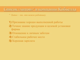 *«Хиты» – то, что важно работнику. 1) Признание хорошо выполненной работы 2) Точное знание продукции и целевой установки фирмы 3) Отношение к личным заботам 4) Стабильное рабочее место 5) Хорошая зарплата 