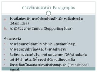 การเขียนย่อหน้า  Paragraphs ในหนึ่งย่อหน้า ควรมีประเด็นหลักเพียงหนึ่งประเด็น  (Main Idea) ควรมีตัวอย่างสนับสนุน  (Supporting Idea) ข้อควรระวัง การเขียนควรมีย่อหน้าเกริ่นนำ และย่อหน้าสรุป การเขียนรูปประโยคต้องไม่ขาดประธาน ไม่มีหลายประเด็นในการนำเสนอจนทำให้ผู้อ่านสับสน อย่าใช้คำ หรือวลีซ้ำจนทำให้งานเขียนน่าเบื่อ มีการเชื่อมโยงแต่ละย่อหน้าด้วยกลุ่มคำ  (Transitional signal) 