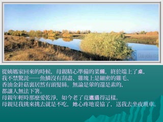 從姨媽家回來的時候，母親精心準備的菜 ，終於端上了 ，餚 桌
我不禁驚詫──魚鱗沒有刮盡、雞塊上是細密的雞毛、
香油金針菇裏居然有頭髮絲。無論是葷的還是素的，
都讓人無法下箸。
母親年輕時那麼愛乾淨，如今老了竟 得這樣。邋遢
母親見我挑來挑去就是不吃， 心疼地妥協了，送我去坐夜班車。她
 