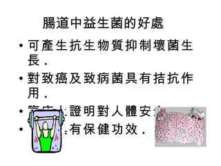 腸道中益生菌的好處 可產生抗生物質抑制壞菌生長 . 對致癌及致病菌具有拮抗作用 . 臨床上證明對人體安全 . 證實具有保健功效 . 