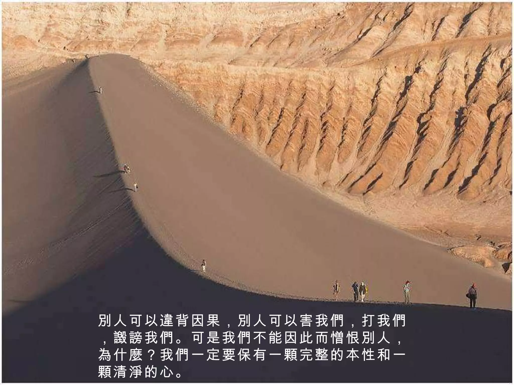 別人可以違背因果，別人可以害我們，打我們，譭謗我們。可是我們不能因此而憎恨別人，為什麼？我們一定要保有一顆完整的本性和一顆清淨的心。 