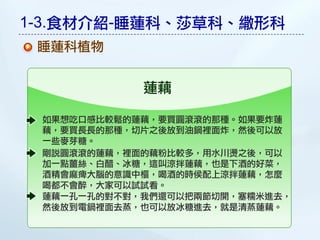 1-3.食材介紹-睡蓮科、莎草科、繖形科
 睡蓮科植物


            蓮藕

 如果想吃口感比較鬆的蓮藕，要買圓滾滾的那種。如果要炸蓮
 藕，要買長長的那種，切片之後放到油鍋裡面炸，然後可以放
 一些麥芽糖。
 剛說圓滾滾的蓮藕，裡面的藕粉比較多，用水川燙之後，可以
 加一點薑絲、白醋、冰糖，這叫涼拌蓮藕，也是下酒的好菜，
 酒精會麻痺大腦的意識中樞，喝酒的時侯配上涼拌蓮藕，怎麼
 喝都不會醉，大家可以試試看。
 蓮藕一孔一孔的對不對，我們還可以把兩節切開，圔糯米進去，
 然後放到電鍋裡面去蒸，也可以放冰糖進去，就是清蒸蓮藕。
 