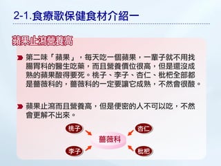 2-1.食療歌保健食材介紹一


 第二味「蘋果」，每天吃一個蘋果，一輩子就不用找
 腸胃科的醫生吃藥，而且營養價位很高，但是還沒成
 熟的蘋果酸得要死。桃子、李子、杏仁、枇杷全部都
 是薔薇科的，薔薇科的一定要讓它成熟，不然會很酸。

 蘋果止瀉而且營養高，但是便密的人不可以吃，不然
 會更解不出來。
      桃子         杏仁
           薔薇科
      李子         枇杷
 