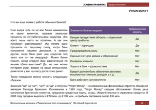 [СМЕНИ ПРАВИЛА!] Эдуард Колотухин

                                                                                                                   VIRGIN MONEY



Что мы еще знаем о работе обычных банков?


Еще вчера чуть ли не все банки наживались                                                                          Традиционная
                                                                 Элементы бизнес-модели
                                                                                                                      модель
на своих клиентах, скрывая реальные
проценты по потребительским кредитам. Это                        Каждая продуктовая область – отдельный
                                                                                                                       Да
всего лишь часть их политики. А как они                          центр прибыли
понимают равноправие? Мы имеем одни
                                                                 Клиент – кормушка                                     Да
проценты по текущему счету, когда банк
пользуется нашими деньгами, и совсем                             Предупредительность                                   Нет
другие, когда банк дает нам средства под
                                                                 Единый счет для займов и сбережений                   Нет
залог или тот же овердрафт. Может банки
помнят, когда следует Вам рассчитаться по                        Интересы клиента                                      Нет
вашим обязательствам? Да, но они молча
                                                                 Ходить в банк – удовольствие                          Нет
потирают руки, взирая на ваши оплошности,
даже если у вас на счету достаточно денег.                       Кредит должен быть обеспечен залогами,
                                                                                                                       Да
                                                                 высоким постоянным доходом и т.д.
Такое поведение можно описать следующим
образом.                                                         Банк работает круглосуточно                           Нет

Заменим "да" на "нет", "нет" на "да" и получим "Virgin Money" – инновационный финансовый отросток обширной
империи Ричарда Брэнсона. Основанная в 1995 году, "Virgin Money" сегодня обслуживает более двух
миллионов британских клиентов, предлагая кредитные карты, ссуды, сберегательные и страховые продукты. В
2008 году продажи выросли с €70 млн. до €100 млн., а прибыль составила около €30 млн.

Дополнительные материалы в "Первоклассном блоге по менеджменту" http://eduardk.livejournal.com                               28
 