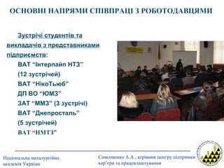Зустрічі студентів та викладачів з представниками підприємств : ВАТ “Інтерпайп НТЗ” (12 зустрічей) ВАТ “НікоТьюб” ДП ВО “ЮМЗ” ЗАТ “ММЗ” (3 зустрічі) ВАТ “Днепросталь”  (5 зустрічей) ВАТ “НМТЗ” ОСНОВНІ НАПРЯМИ СПІВПРАЦІ З РОБОТОДАВЦЯМИ   