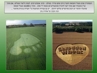 המסתורין סביב מעגלי התבואה והעניין הרב שהם עוררו  בעולם  -  הניע  אנשים רבים  לנסות וליצור מעגלים  ,  אם מתוך עניין אומנותי ואם מתוך רצון להוכיח שהמעגלים הם מעשה ידי אדם  .  מתוך כ -10,000  מעגלי תבואה  שהתגלו ותועדו יש רבים שהיוצרים שלהם ידועים  .  יש גם עבודות המוזמנות ע " י חברות כגימיק פרסומי  , הנה מקבץ של אחדות מהן  : ה '/ תשרי / תש " ע 