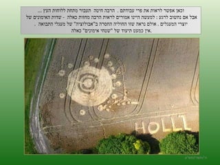 ה '/ תשרי / תש " ע וכאן אפשר לראות את פרי עבודתם  .  הרבה חיטה  תעבור מתחת ללוחות העץ  ... אבל אם נחשוב לרגע  :   למעשה היינו אמורים לראות הרבה מחזות כאלה  -  שדות האימונים של  יוצרי המעגלים  .  אולם נראה שזו החוליה החסרה ב " אבולוציה "  של מעגלי התבואה  . אין כמעט תיעוד של  " שטחי אימונים "  כאלה  . 