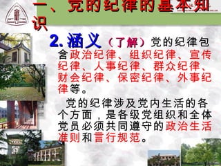 2. 涵义 （了解） 党的纪律包含 政治纪律、组织纪律、宣传纪律、人事纪律、群众纪律、财会纪律、保密纪律、外事纪律 等。 党的纪律涉及党内生活的各个方面，是各级党组织和全体党员必须共同遵守的 政治生活准则 和 言行规范 。 一、党的纪律的基本知识 