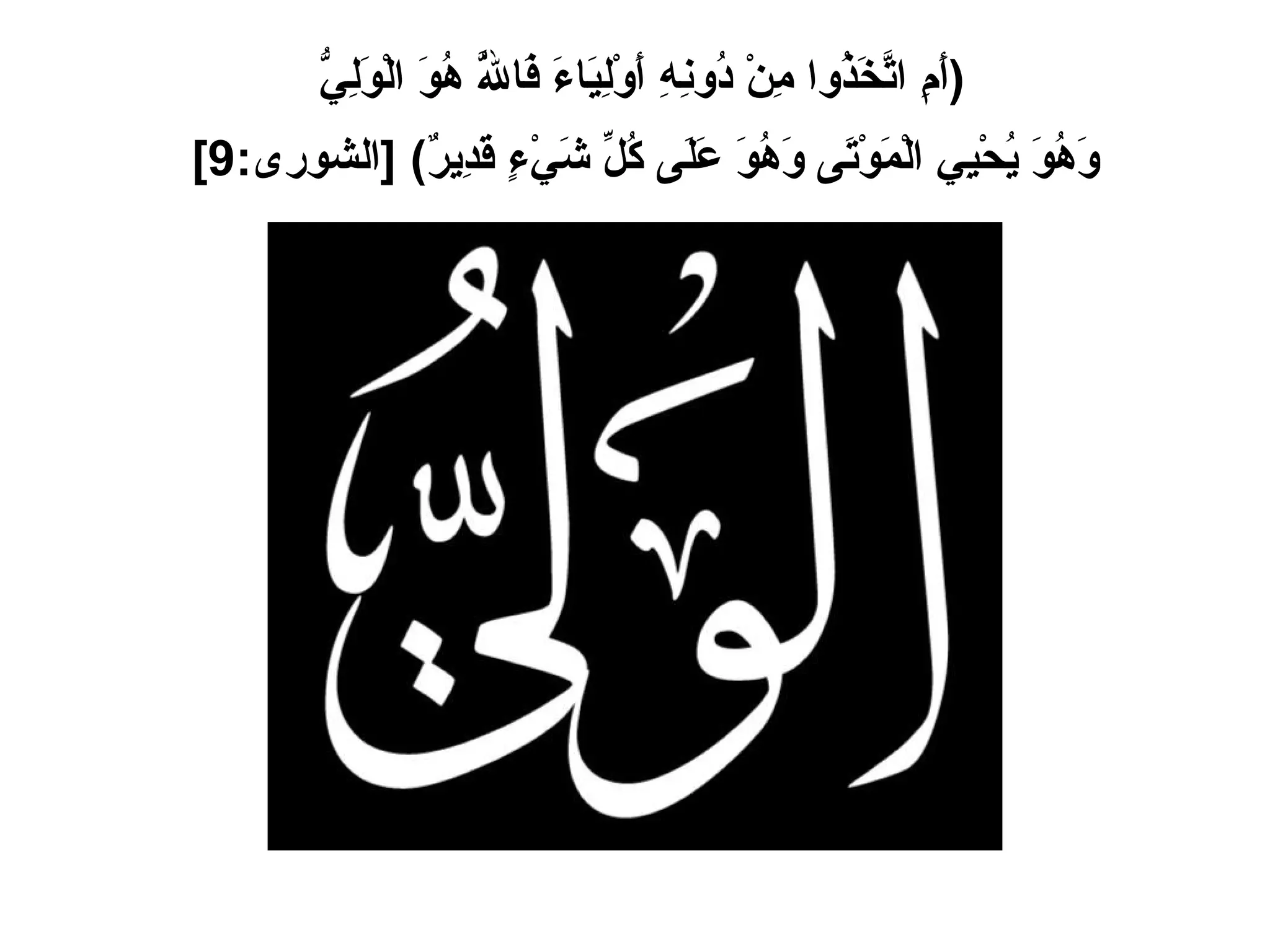 ( أَمِ اتَّخَذُوا مِنْ دُونِهِ أَوْلِيَاءَ فَاللَّهُ هُوَ الْوَلِيُّ  وَهُوَ يُحْيِي الْمَوْتَى وَهُوَ عَلَى كُلِّ شَيْءٍ قَدِيرٌ ) [ الشورى :9]   