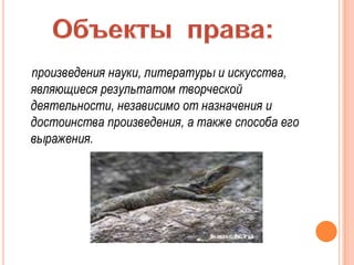 произведения науки, литературы и искусства,
являющиеся результатом творческой
деятельности, независимо от назначения и
достоинства произведения, а также способа его
выражения.
 