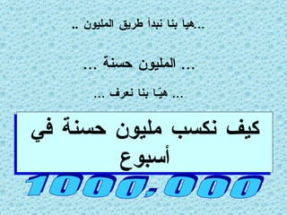 كيف نكسب مليون حسنة في أسبوع … هيا بنا نبدأ طريق المليون  .. …  المليون حسنة … …  هيّـا بنا نعرف … 1 0 0 0 , 0 0 0 