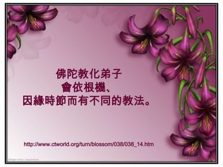 佛陀教化弟子 會依根機、 因緣時節而有不同的教法。 http://www.ctworld.org/turn/blossom/038/038_14.htm 