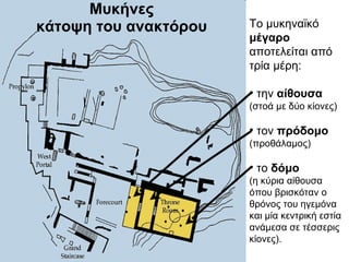 Μυκήνες κάτοψη του ανακτόρου Το μυκηναϊκό  μέγαρο  αποτελείται από τρία μέρη:  την  αίθουσα  (στοά με δύο κίονες) τον  πρόδομο  (προθάλαμος) το  δόμο (η κύρια αίθουσα όπου βρισκόταν ο θρόνος του ηγεμόνα και μία κεντρική εστία ανάμεσα σε τέσσερις κίονες). 
