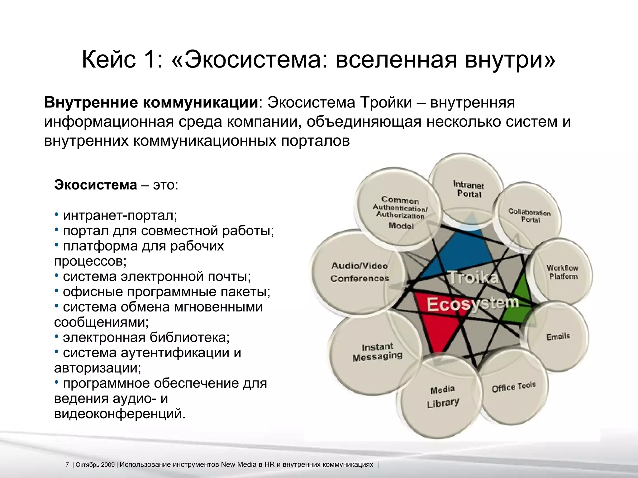 Кейс 1: «Экосистема: вселенная внутри» Внутренние коммуникации : Экосистема Тройки – внутренняя информационная среда компании, объединяющая несколько систем и внутренних коммуникационных порталов   Экосистема  – это: интранет-портал; портал для совместной работы; платформа для рабочих процессов; система электронной почты; офисные программные пакеты; система обмена мгновенными сообщениями; электронная библиотека; система аутентификации и авторизации; программное обеспечение для ведения аудио- и видеоконференций. 