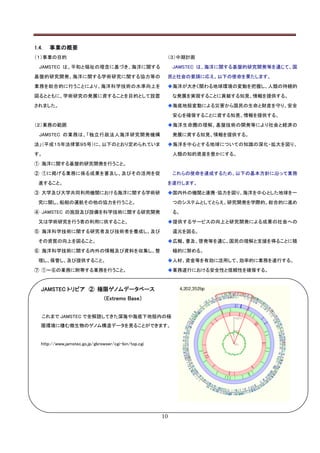1.4.   事業の概要
（１）事業の目的                                                （３）中期計画

  JAMSTEC は、平和と福祉の理念に基づき、海洋に関する                             JAMSTEC は、海洋に関する基盤的研究開発等を通じて、国

基盤的研究開発、海洋に関する学術研究に関する協力等の                              民と社会の要請に応え、以下の使命を果たします。

業務を総合的に行うことにより、海洋科学技術の水準向上を                             ◆海洋が大きく関わる地球環境の変動を把握し、人類の持続的

図るとともに、学術研究の発展に資することを目的として設置                                な発展を実現することに貢献する知見、情報を提供する。

されました。                                                  ◆海底地殻変動による災害から国民の生命と財産を守り、安全

                                                            安心を確保することに資する知見、情報を提供する。

（２）業務の範囲                                                ◆海洋生命圏の理解、基盤技術の開発等により社会と経済の

  JAMSTEC の業務は、「独立行政法人海洋研究開発機構                              発展に資する知見、情報を提供する。

法」（平成１５年法律第９５号）に、以下のとおり定められていま                          ◆海洋を中心とする地球についての知識の深化・拡大を図り、

す。                                                          人類の知的資産を豊かにする。

① 海洋に関する基盤的研究開発を行うこと。

② ①に掲げる業務に係る成果を普及し、及びその活用を促                                 これらの使命を達成するため、以下の基本方針に沿って業務

  進すること。                                                を遂行します。

③ 大学及び大学共同利用機関における海洋に関する学術研                             ◆国内外の機関と連携･協力を図り、海洋を中心とした地球を一

  究に関し、船舶の運航その他の協力を行うこと。                                    つのシステムとしてとらえ、研究開発を学際的、総合的に進め

④ JAMSTEC の施設及び設備を科学技術に関する研究開発                              る。

  又は学術研究を行う者の利用に供すること。                                  ◆提供するサービスの向上と研究開発による成果の社会への

⑤ 海洋科学技術に関する研究者及び技術者を養成し、及び                                 還元を図る。

  その資質の向上を図ること。                                         ◆広報、普及、啓発等を通じ、国民の理解と支援を得ることに積

⑥ 海洋科学技術に関する内外の情報及び資料を収集し、整                                 極的に努める。

  理し、保管し、及び提供すること。                                      ◆人材、資金等を有効に活用して、効率的に業務を遂行する。

⑦ ①～⑥の業務に附帯する業務を行うこと。                                   ◆業務遂行における安全性と信頼性を確保する。


   JAMSTEC トリビア ② 極限ゲノムデータベース
                                （Extremo Base）


   これまで JAMSTEC で全解読してきた深海や海底下地殻内の極
   限環境に棲む微生物のゲノム構造データを見ることができます。


   http://www.jamstec.go.jp/gbrowser/cgi-bin/top.cgi




                                                       10
 