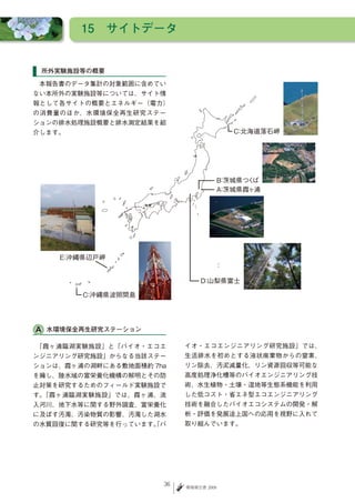 15　サイトデータ


 所外実験施設等の概要

　本報告書のデータ集計の対象範囲に含めてい
ない本所外の実験施設等については、サイト情
報として各サイトの概要とエネルギー（電力）
の消費量のほか、水環境保全再生研究ステー
ションの排水処理施設概要と排水測定結果を紹
介します。




  水環境保全再生研究ステーション

　
「霞ヶ浦臨湖実験施設」と「バイオ・エコエ       イオ・エコエンジニアリング研究施設」では、
ンジニアリング研究施設」からなる当該ステー      生活排水を初めとする液状廃棄物からの窒素、
ションは、霞ヶ浦の湖畔にある敷地面積約 7ha    リン除去、汚泥減量化、リン資源回収等可能な
を擁し、陸水域の富栄養化機構の解明とその防      高度処理浄化槽等のバイオエンジニアリング技
止対策を研究するためのフィールド実験施設で      術、水生植物・土壌・湿地等生態系機能を利用
す。「霞ヶ浦臨湖実験施設」では、霞ヶ浦、流      した低コスト・省エネ型エコエンジニアリング
入河川、地下水等に関する野外調査、富栄養化      技術を融合したバイオエコシステムの開発・解
に及ぼす汚濁、汚染物質の影響、汚濁した湖水      析・評価を発展途上国への応用を視野に入れて
の水質回復に関する研究等を行っています。バ
                   「       取り組んでいます。




                      36   環境報告書 2009
 