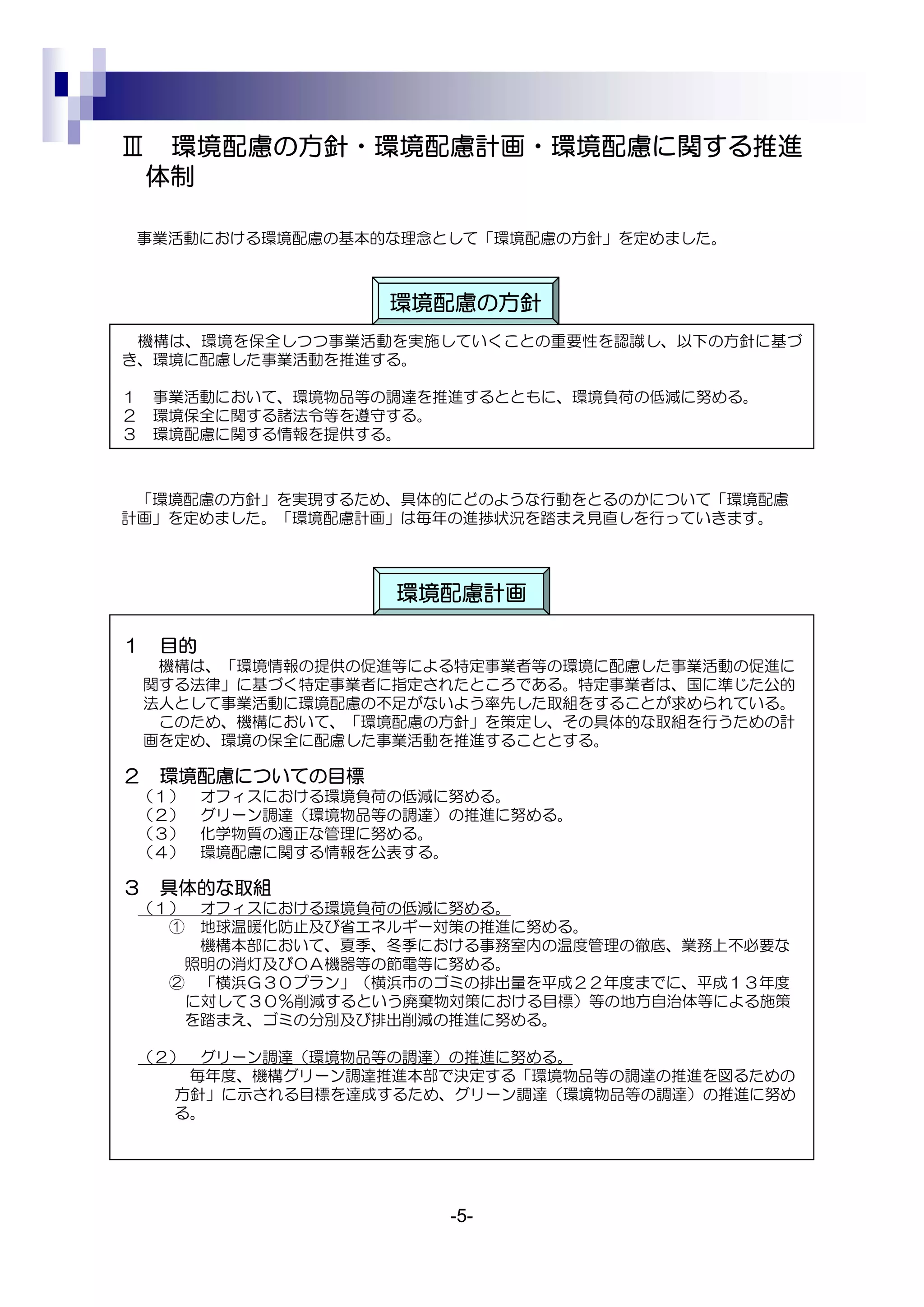 Ⅲ    環境配慮の方針・環境配慮計画・環境配慮に関する推進
    体制

 事業活動における環境配慮の基本的な理念として「環境配慮の方針」を定めました。



                      環境配慮の方針
 機構は、環境を保全しつつ事業活動を実施していくことの重要性を認識し、以下の方針に基づ
き、環境に配慮した事業活動を推進する。

１   事業活動において、環境物品等の調達を推進するとともに、環境負荷の低減に努める。
２   環境保全に関する諸法令等を遵守する。
３   環境配慮に関する情報を提供する。



 「環境配慮の方針」を実現するため、具体的にどのような行動をとるのかについて「環境配慮
計画」を定めました。「環境配慮計画」は毎年の進捗状況を踏まえ見直しを行っていきます。



                      環境配慮計画

１    目的
     機構は、「環境情報の提供の促進等による特定事業者等の環境に配慮した事業活動の促進に
    関する法律」に基づく特定事業者に指定されたところである。特定事業者は、国に準じた公的
    法人として事業活動に環境配慮の不足がないよう率先した取組をすることが求められている。
     このため、機構において、「環境配慮の方針」を策定し、その具体的な取組を行うための計
    画を定め、環境の保全に配慮した事業活動を推進することとする。

２    環境配慮についての目標
    （１）   オフィスにおける環境負荷の低減に努める。
    （２）   グリーン調達（環境物品等の調達）の推進に努める。
    （３）   化学物質の適正な管理に努める。
    （４）   環境配慮に関する情報を公表する。

３    具体的な取組
    （１） オフィスにおける環境負荷の低減に努める。
      ① 地球温暖化防止及び省エネルギー対策の推進に努める。
        機構本部において、夏季、冬季における事務室内の温度管理の徹底、業務上不必要な
       照明の消灯及びＯＡ機器等の節電等に努める。
      ② 「横浜Ｇ３０プラン」（横浜市のゴミの排出量を平成２２年度までに、平成１３年度
       に対して３０％削減するという廃棄物対策における目標）等の地方自治体等による施策
       を踏まえ、ゴミの分別及び排出削減の推進に努める。

    （２） グリーン調達（環境物品等の調達）の推進に努める。
       毎年度、機構グリーン調達推進本部で決定する「環境物品等の調達の推進を図るための
      方針」に示される目標を達成するため、グリーン調達（環境物品等の調達）の推進に努め
      る。




                          -5-
 