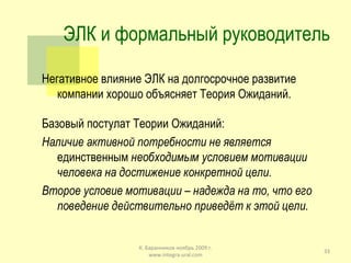 ЭЛК и формальный руководитель Негативное влияние ЭЛК на долгосрочное развитие компании хорошо объясняет Теория Ожиданий. Базовый постулат Теории Ожиданий: Наличие активной потребности не является  единственным  необходимым условием мотивации человека на достижение конкретной цели. Второе условие мотивации – надежда на то, что его поведение действительно приведёт к этой цели. К. Баранников ноябрь 2009 г. www.integra-ural.com 