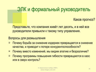 ЭЛК и формальный руководитель Каков прогноз? Представьте, что компания живёт лет десять, и в ней все руководители привыкли к такому типу управления. Вопросы для размышления Почему борьба за снижение издержек превращается в снижение качества, и приводит к потере конкурентоспособности? Почему вместо изменений, мы видим апатию и безразличие? Почему программы повышения гибкости превращаются в хаос или в сверх контроль? К. Баранников ноябрь 2009 г. www.integra-ural.com 