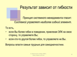 Результат зависит от гибкости Принцип системного менеджмента гласит: Системой управляет наиболее гибкий элемент. То есть, если Вы более гибки в поведении, привлекая ЭЛК на свою сторону, то управляете Вы; если кто-то другой более гибок, то управляете не Вы. Вопросы власти самые трудные для самодиагностики.  К. Баранников ноябрь 2009 г. www.integra-ural.com 