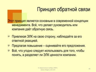 Принцип обратной связи Этот принцип является основным в современной концепции менеджмента. Всё, что делает руководитель или компания даёт обратную связь. Привлекая ЭЛК на свою сторону, наблюдайте за его ответной реакцией. Предлагая повышение – оценивайте его предложения. Всё, что угодно следует использовать для того, чтобы понять, а разделяет ли ЭЛК ценности компании. К. Баранников ноябрь 2009 г. www.integra-ural.com 