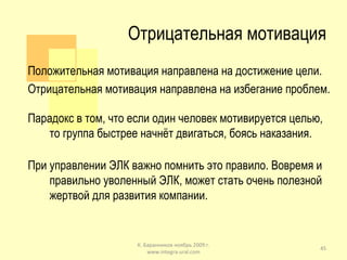 Отрицательная мотивация Положительная мотивация направлена на достижение цели. Отрицательная мотивация направлена на избегание проблем. Парадокс в том, что если один человек мотивируется целью, то группа быстрее начнёт двигаться, боясь наказания. При управлении ЭЛК важно помнить это правило. Вовремя и правильно уволенный ЭЛК, может стать очень полезной жертвой для развития компании. К. Баранников ноябрь 2009 г. www.integra-ural.com 