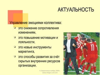 АКТУАЛЬНОСТЬ Управление эмоциями коллектива: это снижение сопротивления изменениям, это повышение мотивации и лояльности, это новые инструменты маркетинга, это способы развития за счёт скрытых внутренних ресурсов организации. К. Баранников ноябрь 2009 г. www.integra-ural.com 