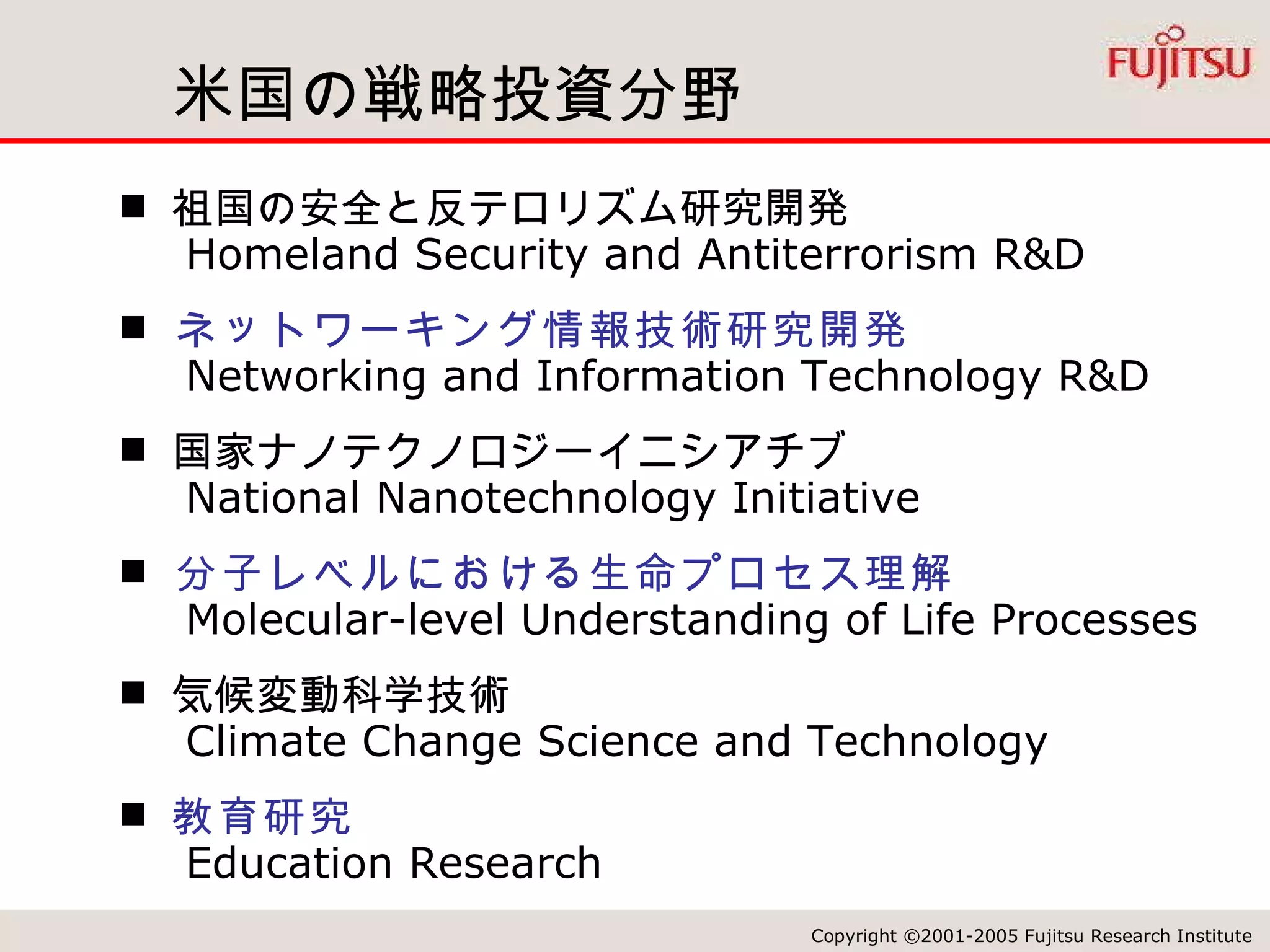 米国の戦略投資分野  祖国の安全と反テロリズム研究開発   Homeland Security and Antiterrorism R&D ネットワーキング情報技術研究開発   Networking and Information Technology R&D 国家ナノテクノロジーイニシアチブ   National Nanotechnology Initiative 分子レベルにおける生命プロセス理解   Molecular-level Understanding of Life Processes 気候変動科学技術   Climate Change Science and Technology 教育研究   Education Research 