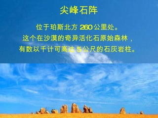尖峰石阵 位于珀斯北方 260 公里处。 这个在沙漠的奇异活化石原始森林， 有数以千计可高达 5 公尺的石灰岩柱。 