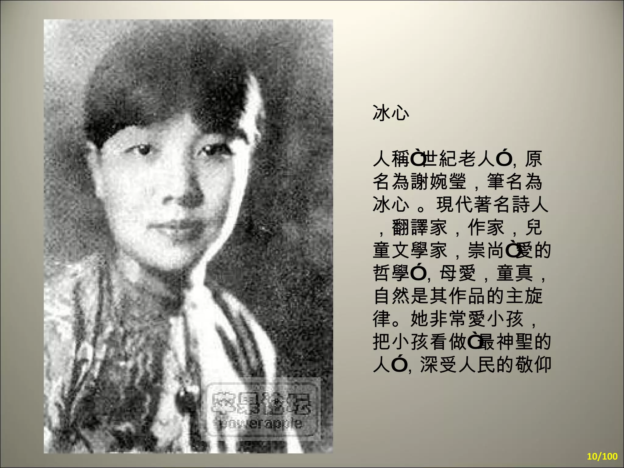 冰心 人稱“世紀老人”，原名為謝婉瑩，筆名為冰心 。現代著名詩人，翻譯家，作家，兒童文學家，崇尚“愛的哲學”，母愛，童真，自然是其作品的主旋律。她非常愛小孩，把小孩看做“最神聖的人”，深受人民的敬仰    /100 