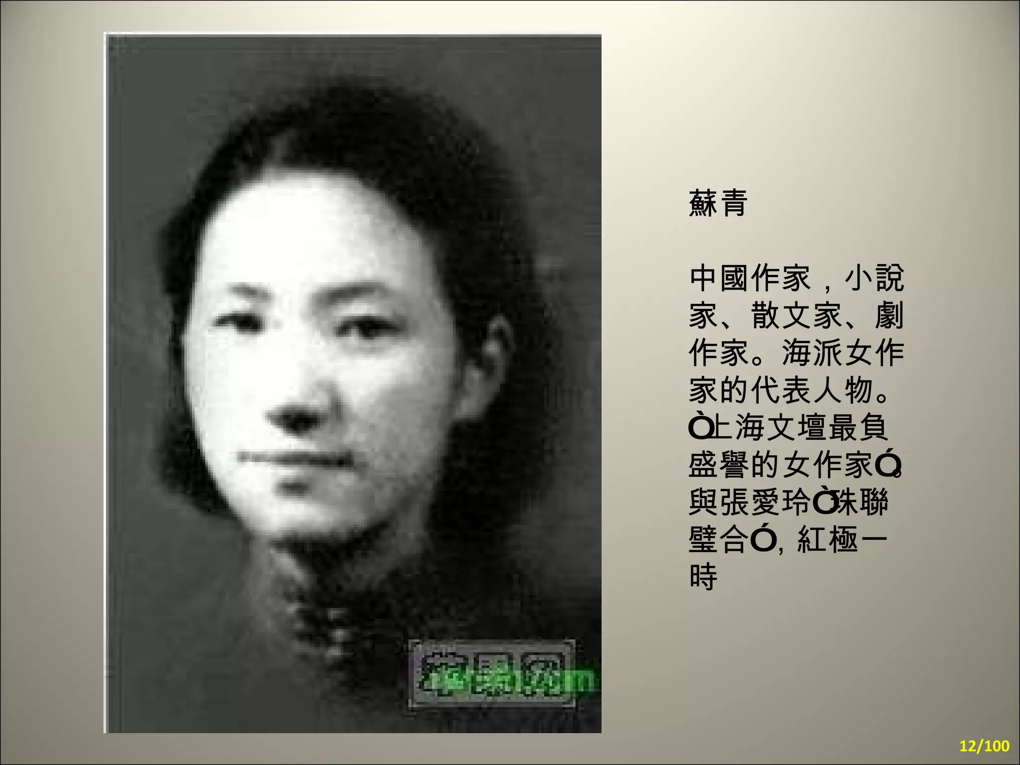 蘇青 中國作家，小說家、散文家、劇作家。海派女作家的代表人物。“上海文壇最負盛譽的女作家”。與張愛玲“珠聯璧合”，紅極一時   /100 