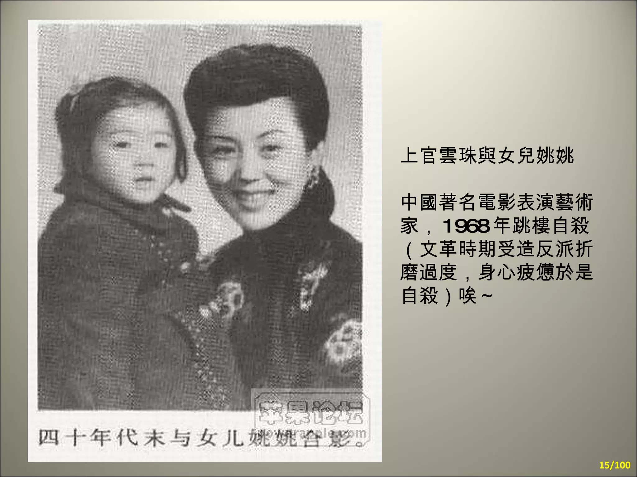 上官雲珠與女兒姚姚 中國著名電影表演藝術家， 1968 年跳樓自殺（文革時期受造反派折磨過度，身心疲憊於是自殺）唉～ /100 