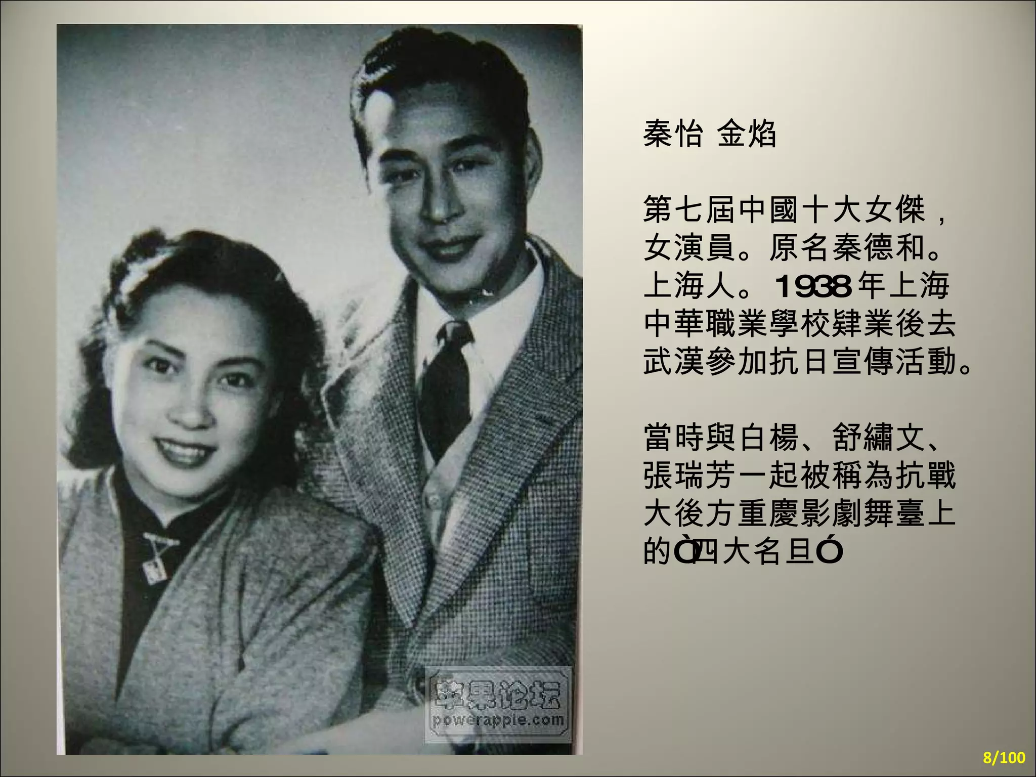 秦怡 金焰 第七屆中國十大女傑，女演員。原名秦德和。上海人。 1938 年上海中華職業學校肄業後去武漢參加抗日宣傳活動。  當時與白楊、舒繡文、張瑞芳一起被稱為抗戰大後方重慶影劇舞臺上的“四大名旦”  /100 