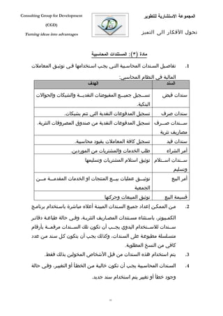 ‫‪Consulting Group for Development‬‬                                ‫المجموعة الستشارية للتطوير‬
             ‫)‪(CGD‬‬

  ‫‪Turning ideas into advantages‬‬                                ‫تحول الفكار الى التميز‬



                                     ‫مادة )٣(: المستندات المحاسبية‬

     ‫تفاصفيل السفندات المحاسفبية التفي يجفب اسفتخدامها ففي توثيفق المعاملت‬           ‫1.‬

                                                   ‫المالية في النظام المحاسبي:‬
                                    ‫الهدف‬                               ‫السند‬

        ‫تسفففجيل جميفففع المقبوضات النقديفففة والشيكات والحوالت‬          ‫سندات قبض‬
                                                            ‫البنكية.‬
                       ‫تسجيل المدفوعات النقدية التي تتم بشيكات.‬         ‫سندات صرف‬
        ‫سفففندات صفففرف تسجيل المدفوعات النقدية من صندوق المصروفات النثرية.‬
                                                                        ‫مصاريف نثرية‬
                             ‫تسجيل كافة المعاملت بقيود محاسبية.‬            ‫سندات قيد‬
                           ‫طلب الخدمات والمشتريات من الموردين.‬             ‫أمر الشراء‬
                                   ‫سففندات اسففتلم توثيق استلم المشتريات وتسليمها‬
                                                                               ‫وتسليم‬
        ‫توثيفففق عمليات بيفففع المنتجات او الخدمات المقدمفففة مفففن‬           ‫أمر البيع‬
                                                           ‫الجمعية‬
                                            ‫توثيق المبيعات وحركتها‬        ‫قسيمة البيع‬
     ‫مفن الممكفن إعداد جميفع السفندات المبينفة أعله مباشرة باسفتخدام برنامفج‬         ‫2.‬

     ‫الكمفبيوتر، باسفتثناء مسفتندات المصفاريف النثريفة، وففي حالة طباعفة دفاتفر‬
     ‫سففندات للسففتخدام اليدوي يجففب أن تكون تلك السففندات مرقمففة بأرقام‬
     ‫متسفلسلة مطبوعفة على السفندات، وكذلك يجفب أن يتكون كفل سفند مفن عدد‬
                                                      ‫كافي من النسخ المطلوبة.‬
            ‫يتم استخدام هذه السندات من قبل الشخاص المخولين بذلك فقط.‬                 ‫3.‬

     ‫السفندات المحاسفبية يجفب أن تكون خاليفة مفن الخطفأ أو التغييفر، وففي حالة‬       ‫4.‬

                                      ‫وجود خطأ أو تغيير يتم استخدام سند جديد.‬



                                              ‫01‬
 
