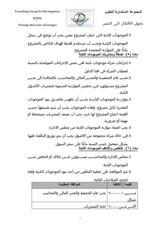‫‪Consulting Group for Development‬‬                                     ‫المجموعة الستشارية للتطوير‬
             ‫)‪(CGD‬‬

  ‫‪Turning ideas into advantages‬‬                                     ‫تحول الفكار الى التميز‬


         ‫7.الموجودات الثابتة التي حملت لمشروع معين يجب أن توضع في سجل‬

         ‫الموجودات الثابت فة ويج فب أن تس فتخدم فق فط للهدف الخاص بالمشروع‬
                               ‫ف‬        ‫ف‬        ‫ف‬      ‫ف‬
                                             ‫بناءا على الموازنة المعتمدة للمشروع.‬
                                                ‫مادة )٥(: إضافة ومشتريات الموجودات الثابتة‬

         ‫1.إجراءات شراء موجودات ثابتفة هفي نففس الجراءات الموضحفة بالنسفبة‬

                                                       ‫لعمليات الشراء في هذا الدليل.‬
         ‫2.مديففر عام الجمعيففة والمديففر المالي والمحاسففب بالضافففة إلى مديففر‬

         ‫المشروع مس فئولون ع فن تحضي فر الموازن فة الس فنوية لمشتريات الص فول‬
           ‫ف‬                  ‫ف‬      ‫ف‬          ‫ف‬       ‫ف‬        ‫ف‬
                                                                                ‫الثابتة.‬
         ‫3.موازنففة الموجودات الثابتففة يجففب أن تظهففر تفاصففيل بنود الموجودات‬
                                   ‫ف‬                                   ‫ف‬

         ‫المقدرة لكفل مشروع، وهذه الموجودات يجفب أن يتفم تصفنيفها حسفب‬
         ‫أهمية احتياج المشروع لها حيث يجب أن تصنف كمشتريات مستعجلة أو‬
                                                                    ‫مهمة أو ضرورية.‬
                        ‫4.يجب اعتماد موازنة الموجودات الثابتة من مجلس الدارة.‬

         ‫5.ففي حالة شراء مجموعفة مفن الصفول يجفب أن يتفم توزيفع التكلففة عليهفا‬

                             ‫بشكل منفصل حسب النسبة بناءا على سعر السوق.‬
                                          ‫مادة )٦(: التخلص والتلف للموجودات الثابتة‬

         ‫1.مجلس الدارة والمحاس فففب مس فففئولين ع فففن إتلف أو التخلص م فففن‬
            ‫ف‬                     ‫ف‬          ‫ف‬       ‫ف‬

                                                                   ‫الموجودات الثابتة.‬
         ‫2.تتفم الموافقفة على عمليفة التخلص مفن أحفد بنود الموجودات الثابتفة وفقفا‬

                                                             ‫لحدود الصلحيات التالية:‬
                                  ‫الموافقة المطلوبة‬                        ‫القيمة / التكلفة‬

                     ‫مفففففففن ١ – ٠٠٠٠٢ مدير عام الجمعية والمدير المالي والمحاسب‬
                                                                                       ‫شيكل‬
                                                       ‫أكثفففر مفففن ٠٠٠٠٢ لجنة المشتريات‬
                                                                               ‫ف‬     ‫ف‬

                                                  ‫15‬
 