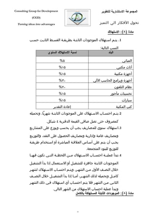 ‫‪Consulting Group for Development‬‬                                 ‫المجموعة الستشارية للتطوير‬
             ‫)‪(CGD‬‬

  ‫‪Turning ideas into advantages‬‬                                 ‫تحول الفكار الى التميز‬

                                                                      ‫مادة )٨(: الستهلك‬

           ‫1. يتفم اسفتهلك الموجودات الثابتفة بطريقفة القسفط الثابفت حسفب‬

                                                                ‫النسب التالية:‬
                         ‫نسبة الستهلك السنوي‬                            ‫البند‬

                                   ‫٥%‬                                            ‫المباني‬
                                   ‫٥١%‬                                       ‫أثاث مكتبي‬
                                   ‫٥١%‬                                     ‫أجهزة مكتبية‬
                                   ‫٠٣%‬                     ‫أجهزة وبرامج الحاسب اللي‬
                                   ‫٠٢%‬                                     ‫نظام التلفون‬
                                   ‫٥١%‬                                  ‫تحسينات مأجور‬
                                   ‫٥١%‬                                           ‫سيارات‬
                             ‫إعادة التقدير‬                                  ‫كتب المكتبة‬
           ‫2.يت فم احتس فاب الس فتهلك على الموجودات الثابت فة شهريا، وتحميله‬
                           ‫ف‬                          ‫ف‬       ‫ف‬       ‫ف‬

                        ‫كمصروف حتى تصل صافي القيمة الدفترية ٤ شيكل.‬
           ‫3.استهلك سنوي للمصاريف يجب أن يحسب ويوزع على المشاريع‬

           ‫ومصفاريف عامفة وإداريفة ومصفاريف الحصفول على النقفد، والتوزيفع‬
           ‫يجفب أن يتفم على أسفاس العلقفة المباشرة أو اسفتخدام طريقفة‬
                                                      ‫للتوزيع للبنود المتجمعة.‬
           ‫4.تبدأ عمليففة احتسففاب السففتهلك مففن اللحظففة التففي تكون فيهففا‬

           ‫الموجودات الثابتفة جاهزة للتشغيفل أو السفتعمال إذا بدأ التشغيفل‬
           ‫خلل النصفف الول مفن الشهفر، ويتفم احتسفاب السفتهلك لشهفر‬
           ‫كامففل وتحميله لذلك الشهففر، أمففا إذا بدأ التشغيففل خلل النصففف‬
           ‫الثانفي مفن الشهفر فل يتفم احتسفاب أي اسفتهلك ففي ذلك الشهفر‬
                             ‫وتبدأ عملية احتساب الستهلك من الشهر التالي.‬
                                             ‫مادة )٨(: الموجودات الثابتة المستهلكة بالكامل‬



                                               ‫35‬
 