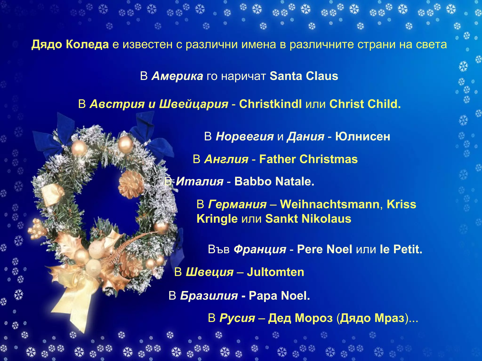 Дядо Коледа  е известен с различни имена в различните страни на света  В  Америка  го наричат  Santa Claus   В  Австрия и Швейцария  -  Christkindl  или  Christ Child.   В  Норвегия  и  Дания  -  Юлнисен   В  Англия  -  Father Christmas   В  Италия  -  Babbo Natale.   В  Германия  –  Weihnachtsmann ,  Kriss Kringle  или  Sankt Nikolaus   Във  Франция  -  Pere Noel  или  le Petit.   В  Швеция  –  Jultomten   В  Бразилия   - Papa Noel.   В  Русия  –  Дед Мороз  ( Дядо Мраз )...   