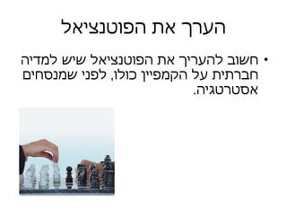 הערך את הפוטנציאל חשוב להעריך את הפוטנציאל שיש למדיה חברתית על הקמפיין כולו ,  לפני שמנסחים אסטרטגיה .  