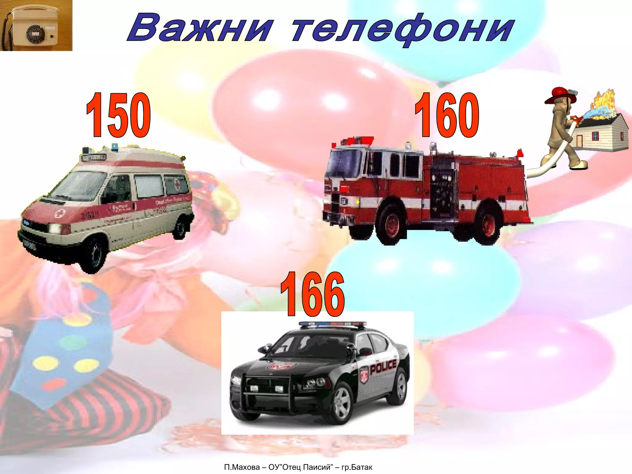 П.Махова – ОУ”Отец Паисий” – гр.Батак Важни телефони 150 160 166 